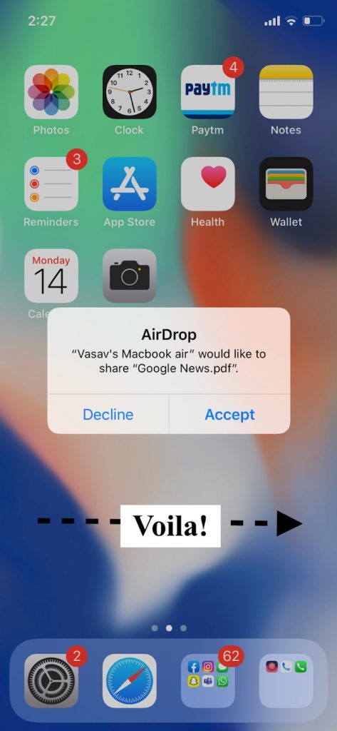 Receiving an airdrop message on iphone